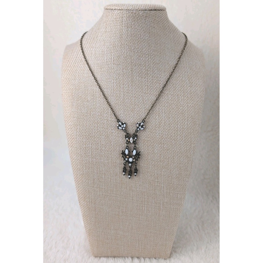 Antique Brass‎ Filigree White Opal Cabochon Statement Necklace Vintage Style...